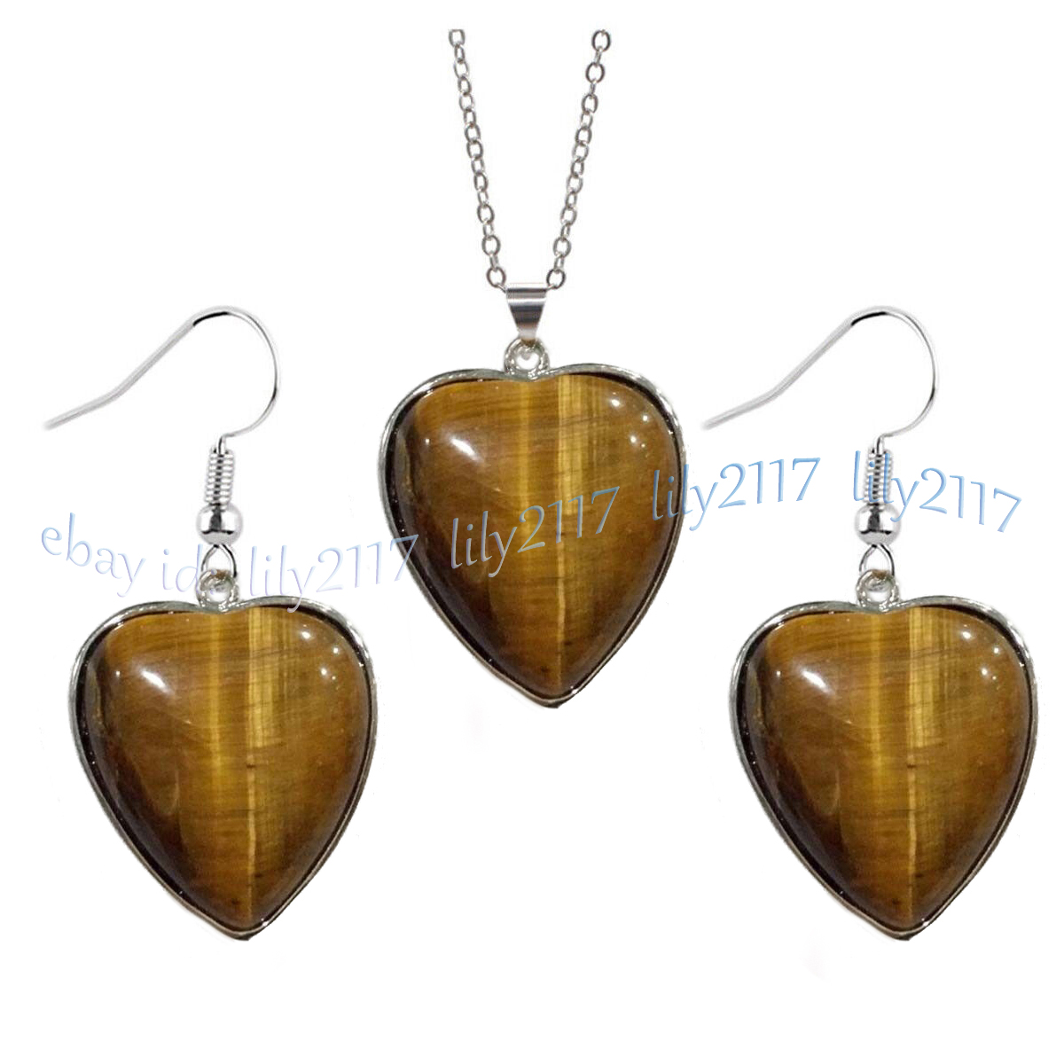 Natural Yellow Tiger's Eye Heart Pendant Silver Chain Necklace Earrings Set 17'' - Picture 7 of 9