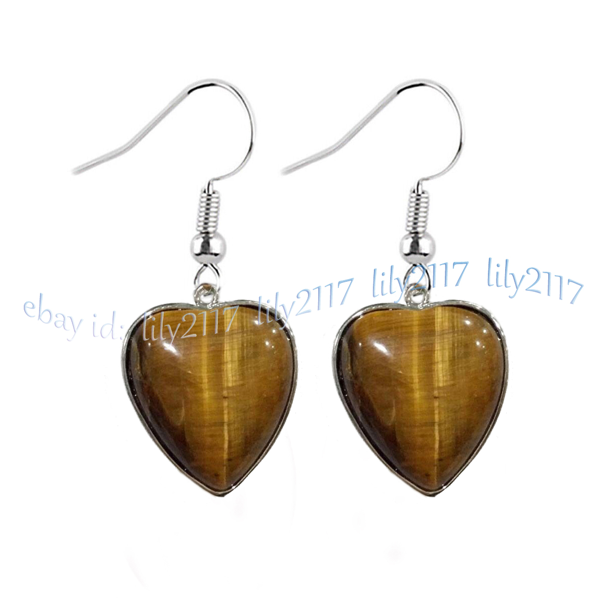Natural Yellow Tiger's Eye Heart Pendant Silver Chain Necklace Earrings Set 17'' - Picture 9 of 9