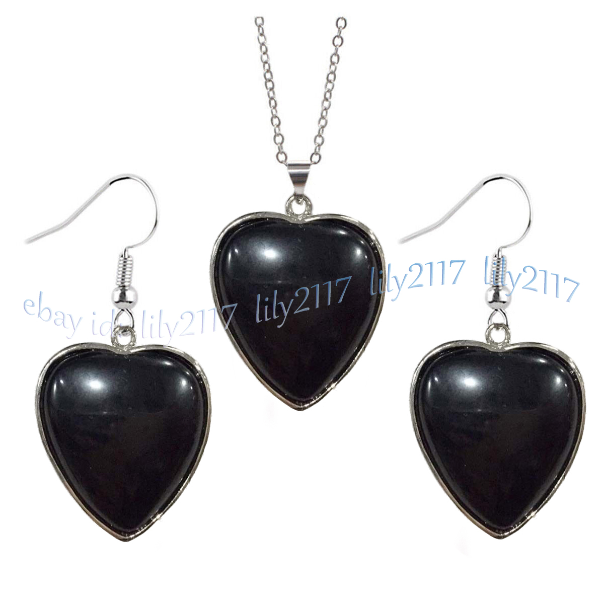 Natural Black Agate Onyx Heart Pendant Silver Chain Necklace Earrings Set 17'' - Picture 7 of 9