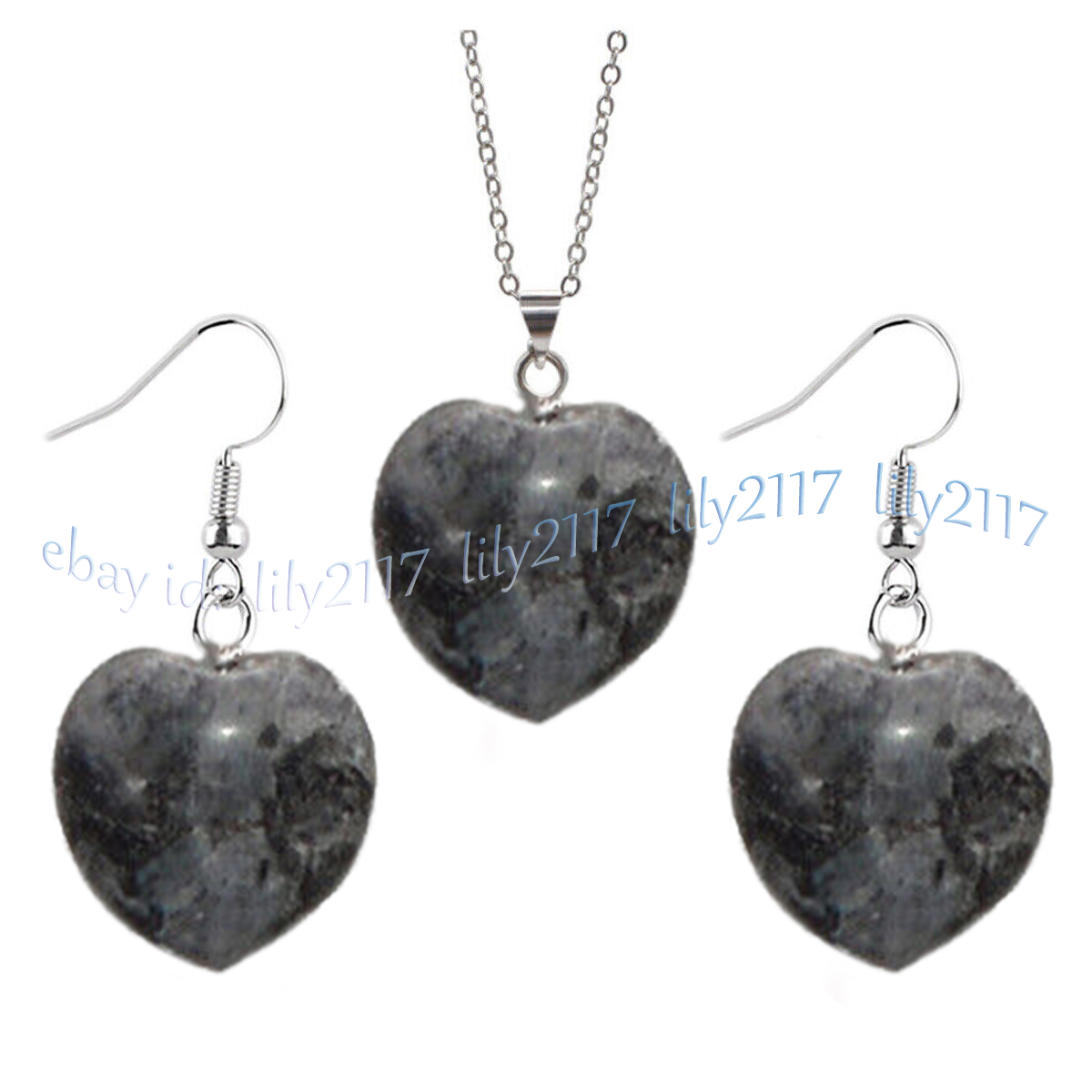 Natural Black Labradorite Heart Pendant Necklace Earrings Set Silver Chain 17'' - Picture 7 of 9