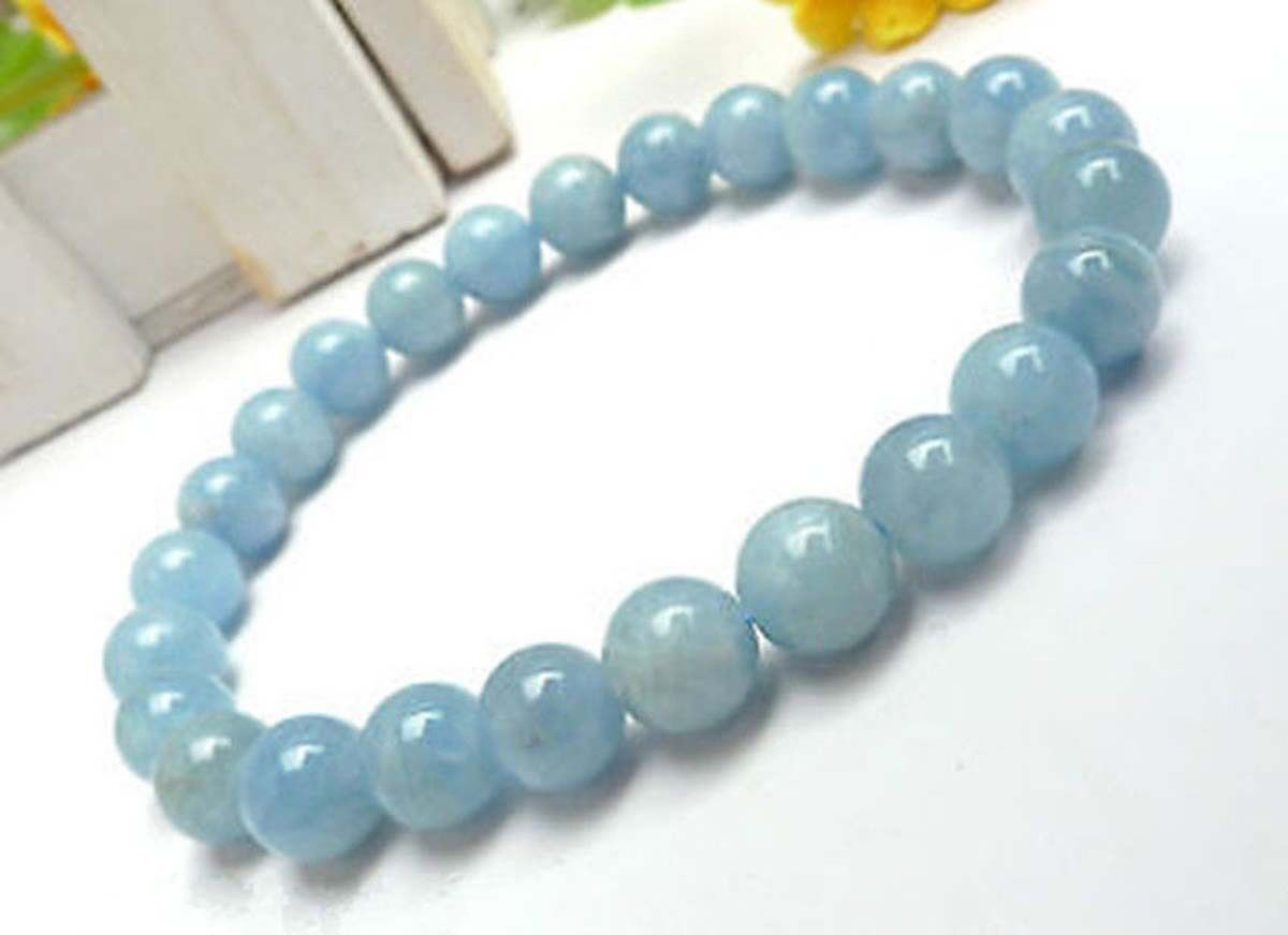 Natural Light Blue Aquamarine 6/8/10/12mm Round Gems Beads Elastic Bangle 7.5'' - Picture 6 of 8