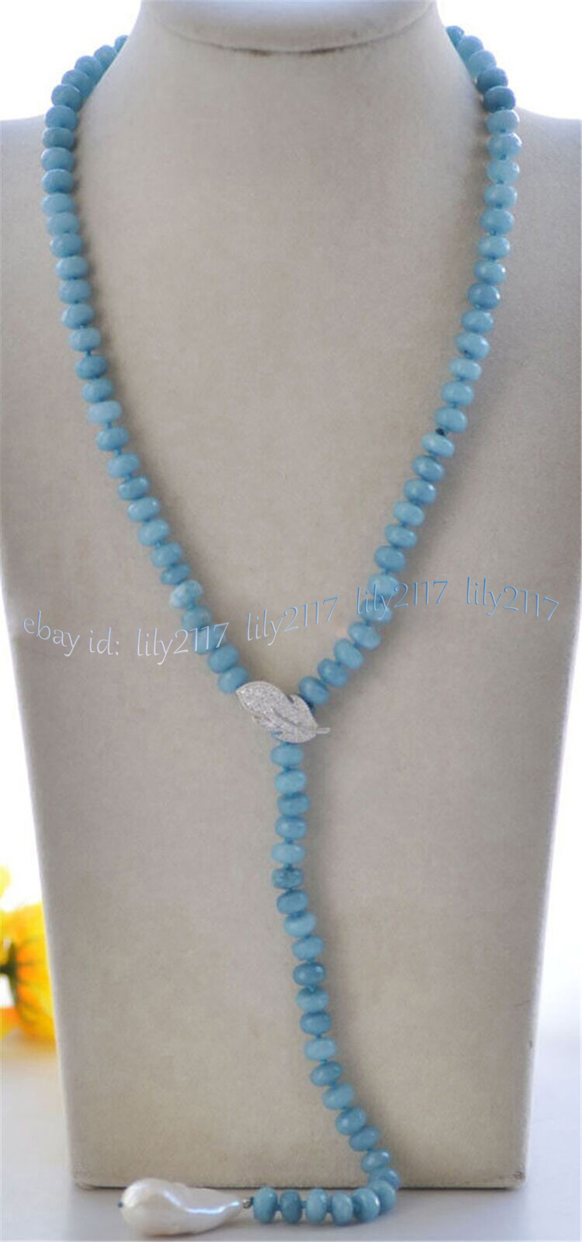 5x8mm Natural Blue Aquamarine Rondelle Gems White Baroque Pearl Pendant Necklace - Picture 12 of 13