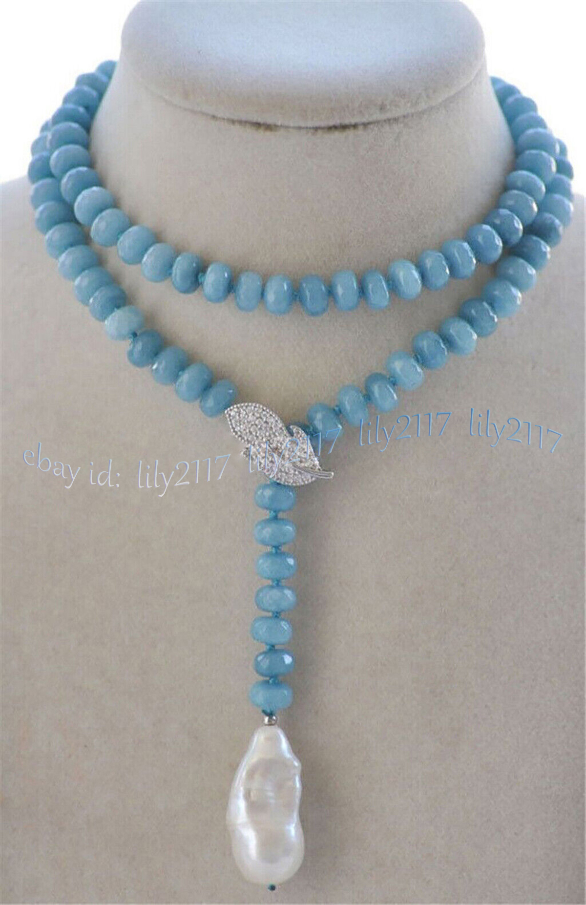 5x8mm Natural Blue Aquamarine Rondelle Gems White Baroque Pearl Pendant Necklace - Picture 13 of 13