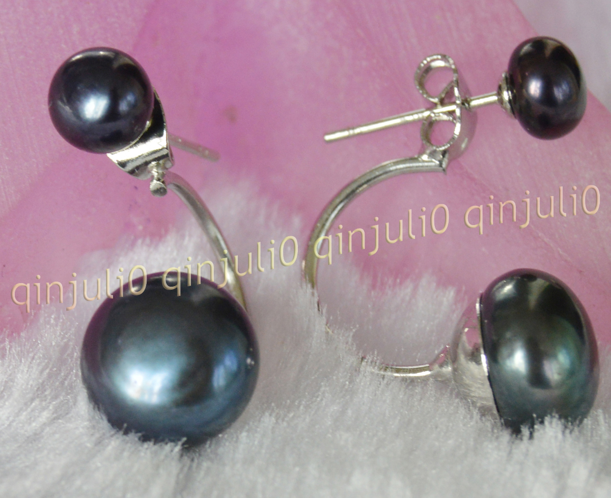 Fashion Double Genuine Natural Akoya Freshwater Pearl Dangle Silver Stud Earring