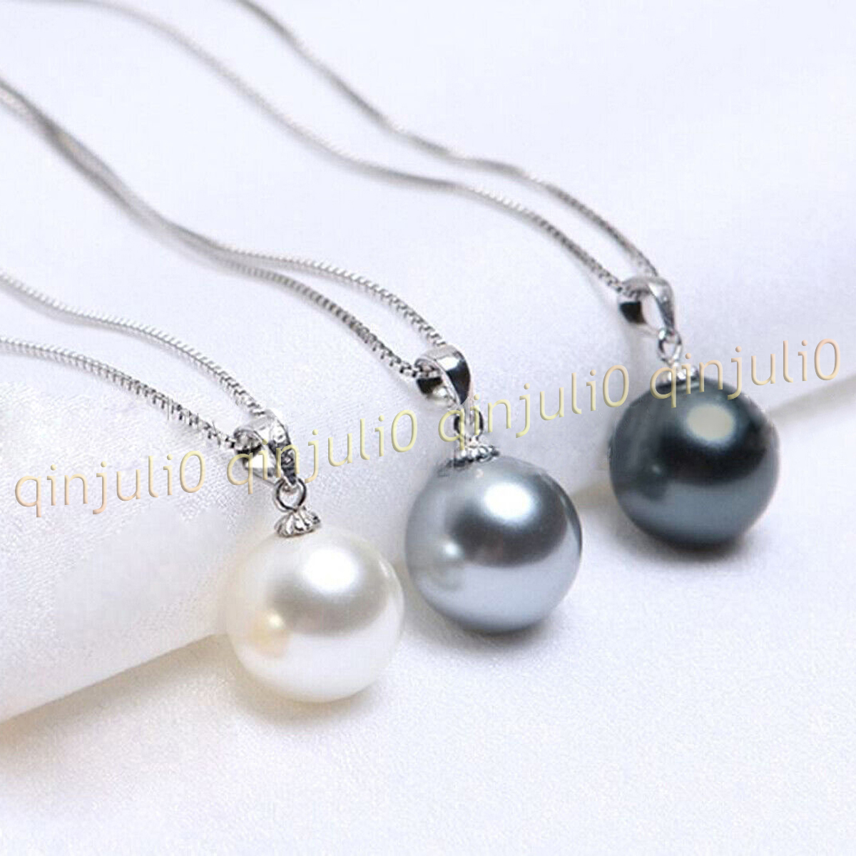3 pcs Beauty 8-16MM South Sea Round Shell Pearl 925 Silver Pendant Necklace 17'' - Picture 8 of 11