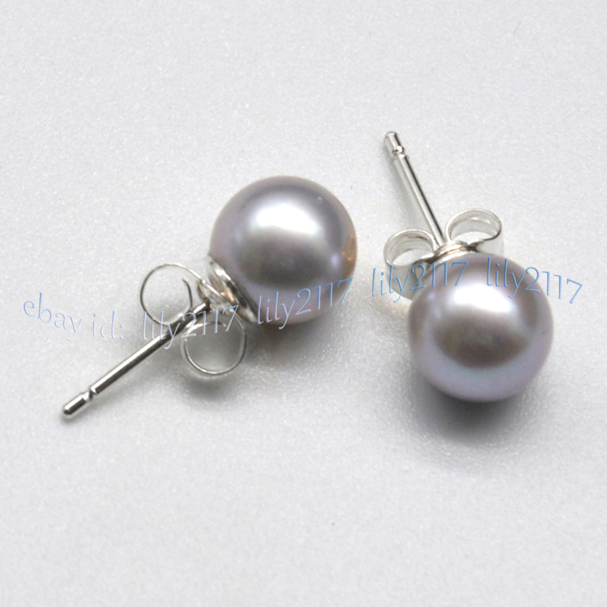 AAA Perfect Round Silver Gray Akoya Real Natural Pearl 14K Gold Stud Earrings - Picture 10 of 12