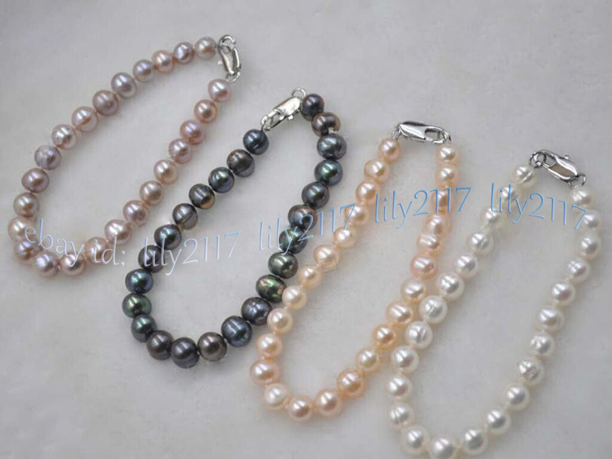Genuine Natural Black White Pink Purple Freshwater Cultured Pearl Bracelet 7.5”