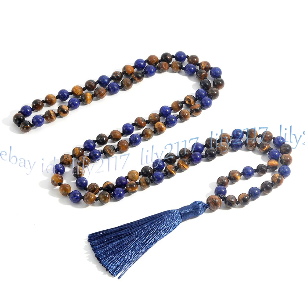 Yellow Tiger Eye Lapis Lazuli Gems 108 Prayer Beads Tibet Buddhist Mala Necklace