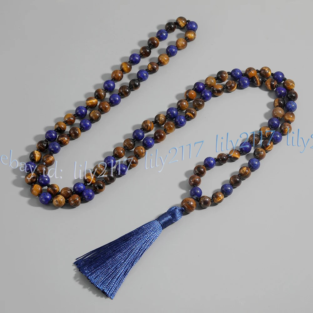 Yellow Tiger Eye Lapis Lazuli Gems 108 Prayer Beads Tibet Buddhist Mala Necklace