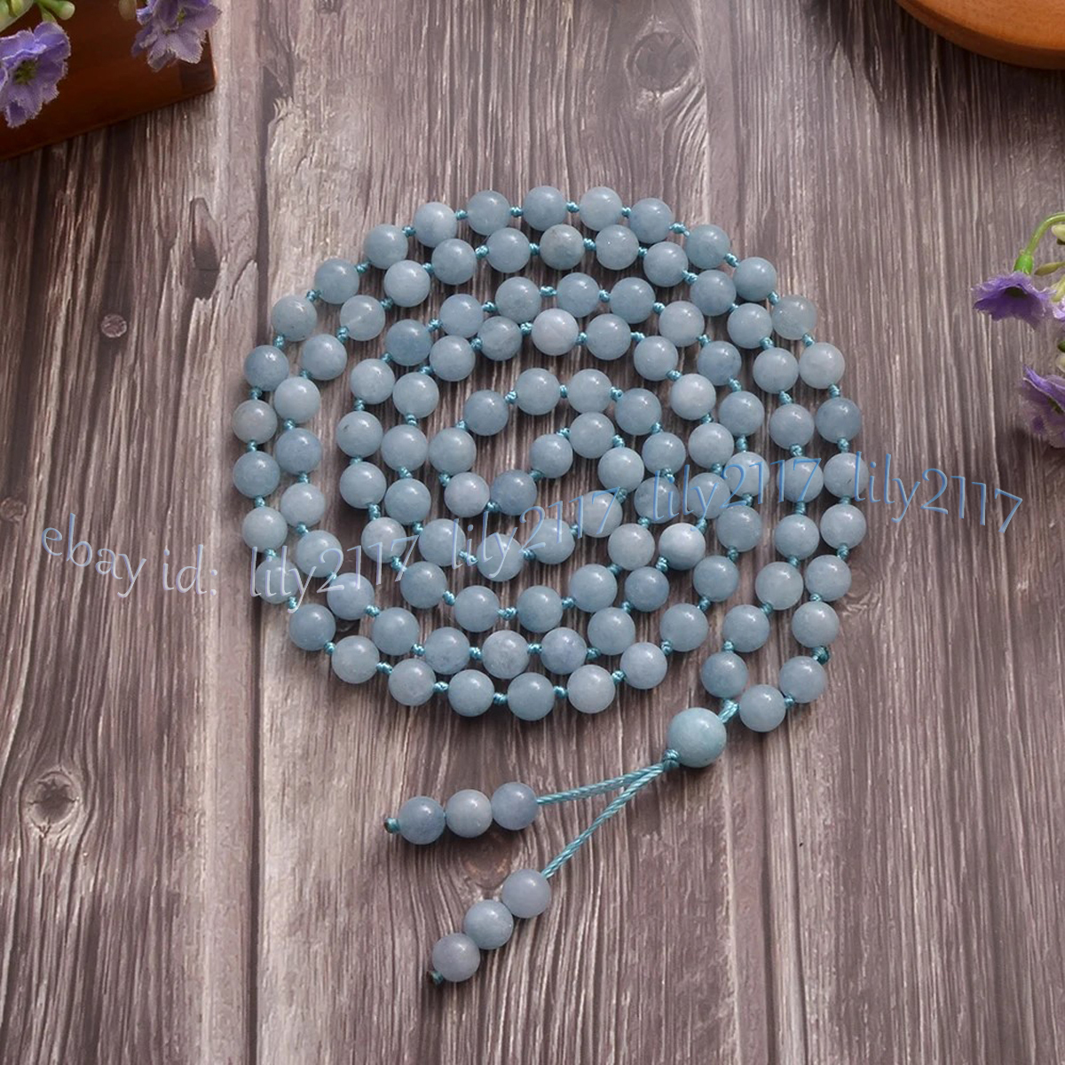 Blue Aquamarine 108 Prayer Beads Tibet Buddhist Mala Necklace Meditation Rosary