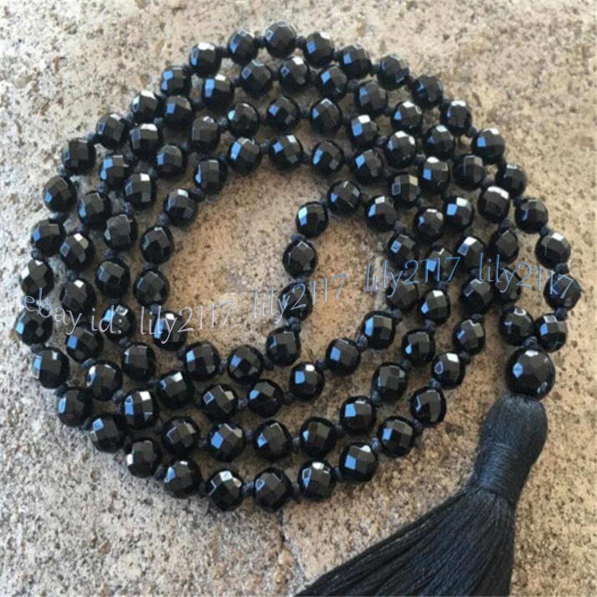 Faceted Black Agate 108 Prayer Beads Mala Necklace Tibet Buddhist Meditation