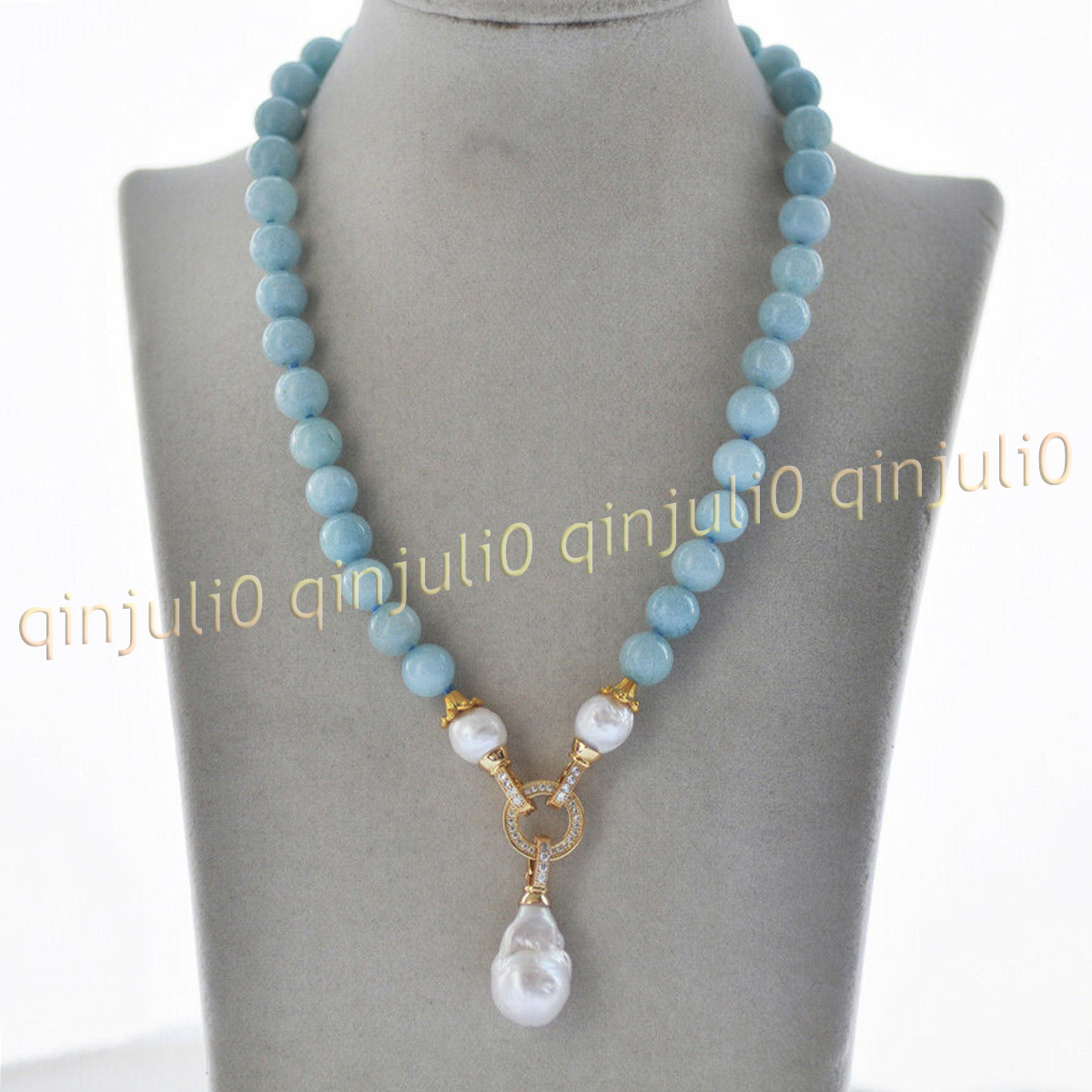 Natural Blue Aquamarine Gems Beaded White Keshi Baroque Pearl Pendant Necklace - Picture 9 of 12