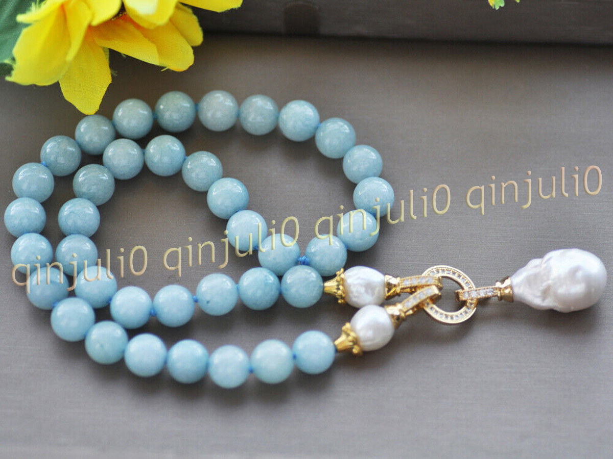 Natural Blue Aquamarine Gems Beaded White Keshi Baroque Pearl Pendant Necklace - Picture 10 of 12
