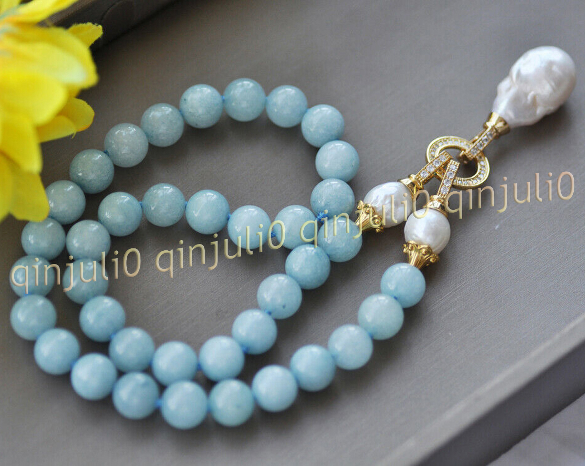 Natural Blue Aquamarine Gems Beaded White Keshi Baroque Pearl Pendant Necklace - Picture 11 of 12