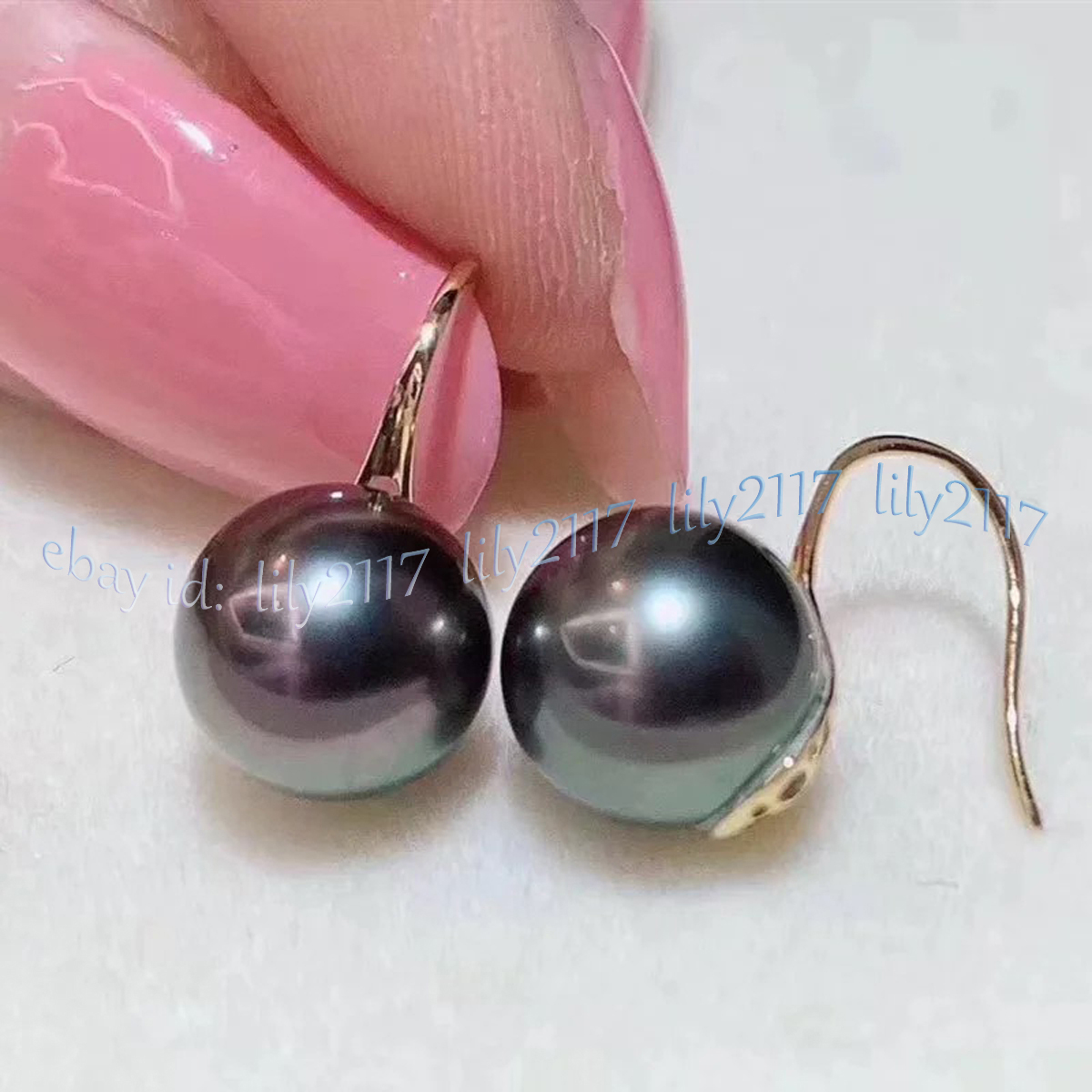 Perfect Round AAA Genuine Natural Black Tahitian Pearl Dangle Hook Earrings