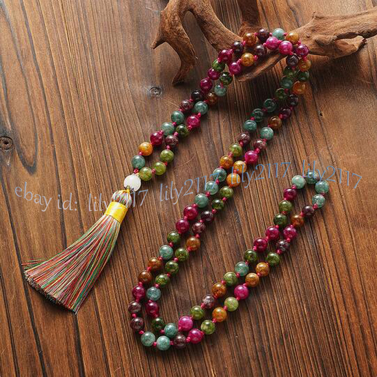 Natural Multicolor Tourmaline Gems 108 Prayer Beads Tibet Buddhist Mala Necklace