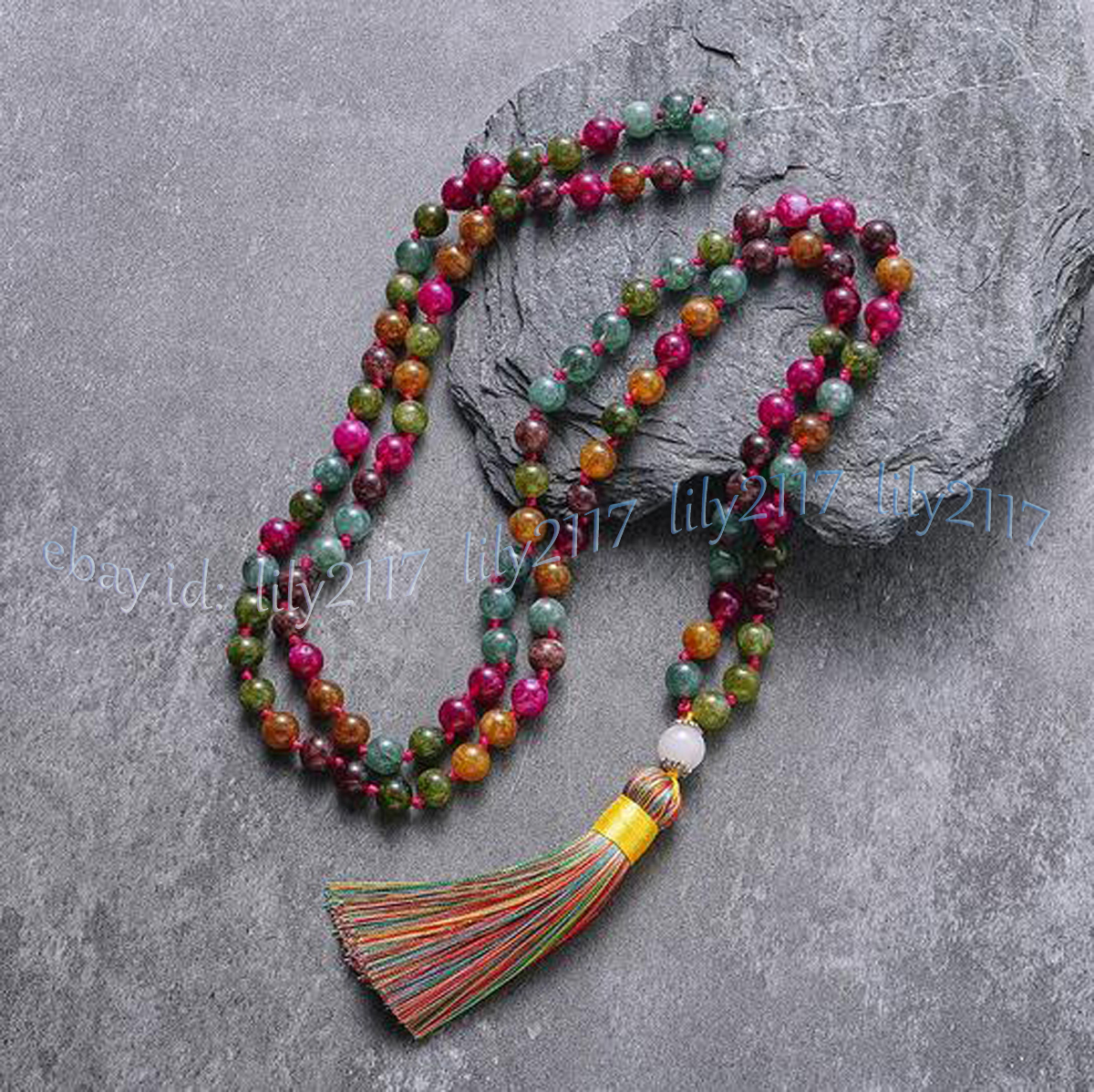 Natural Multicolor Tourmaline Gems 108 Prayer Beads Tibet Buddhist Mala Necklace