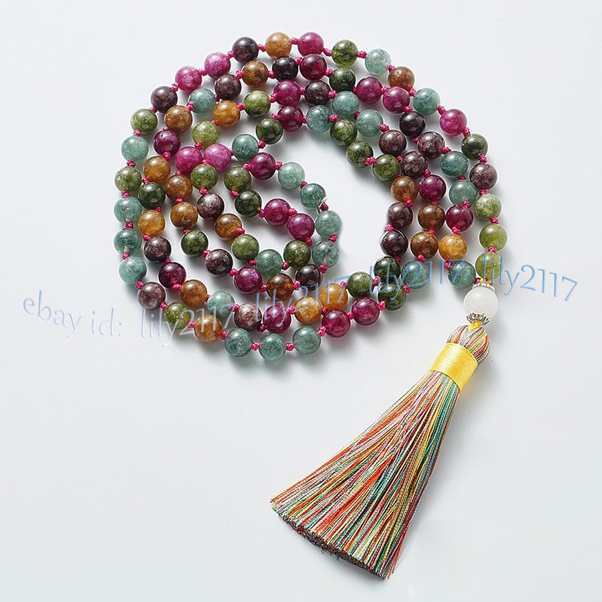 Natural Multicolor Tourmaline Gems 108 Prayer Beads Tibet Buddhist Mala Necklace