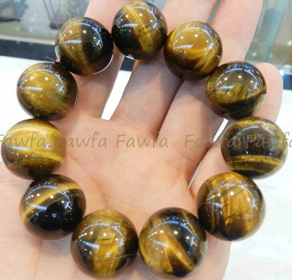 NATURAL 20mm AFRICAN YELLOW TIGER EYE GEMS ROUND BEADED STRETCHY BRACELET