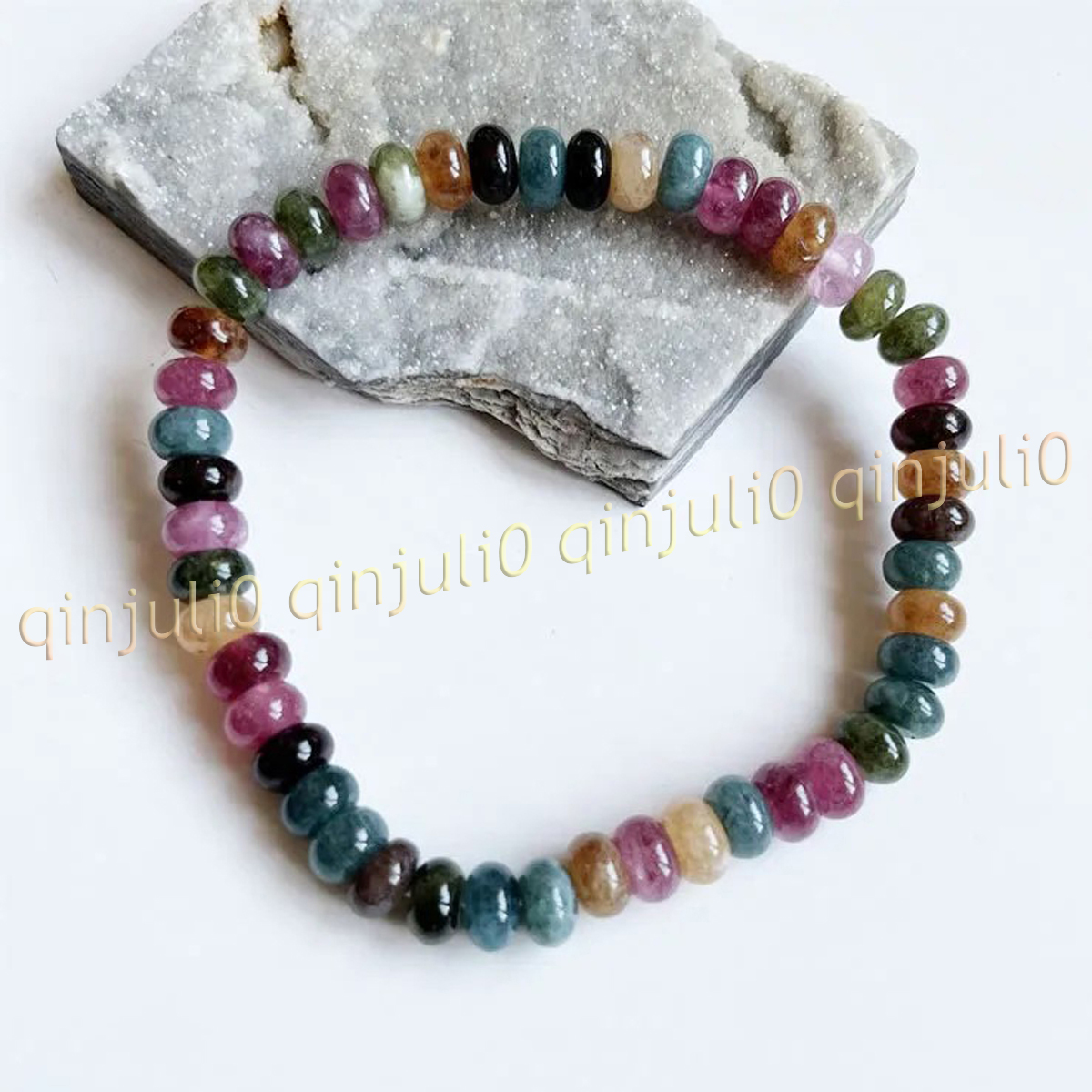 Natural Multicolor Tourmaline Rondelle Gemstone Beads Elastic Bracelet 7.5 inch