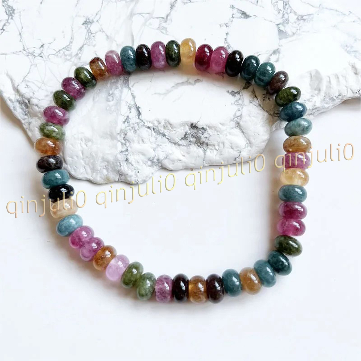 Natural Multicolor Tourmaline Rondelle Gemstone Beads Elastic Bracelet 7.5 inch