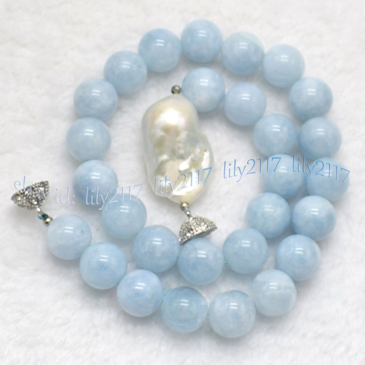Natural Blue Aquamarine Round Gemstone White Keshi Baroque Pearl Necklace 6-14mm