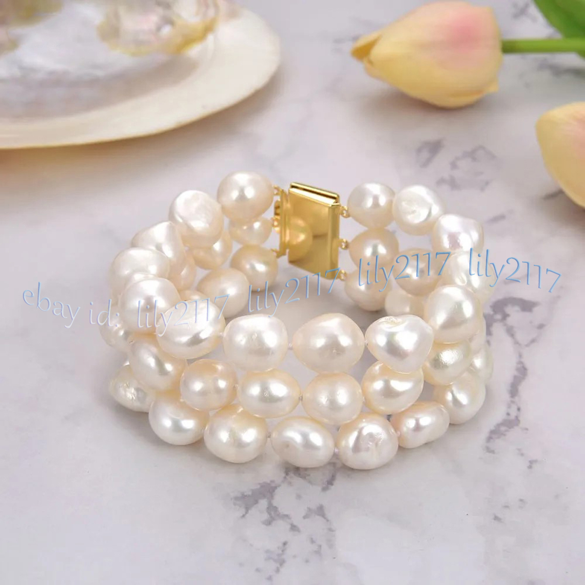 3 Rows Real Natural White Freshwater Baroque Pearl Bracelet Jewelry 7.5'' 6-12mm - Picture 9 of 12