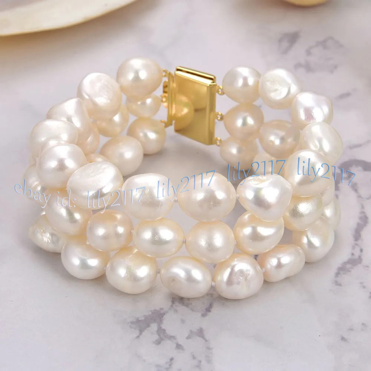 3 Rows Real Natural White Freshwater Baroque Pearl Bracelet Jewelry 7.5'' 6-12mm - Picture 10 of 12