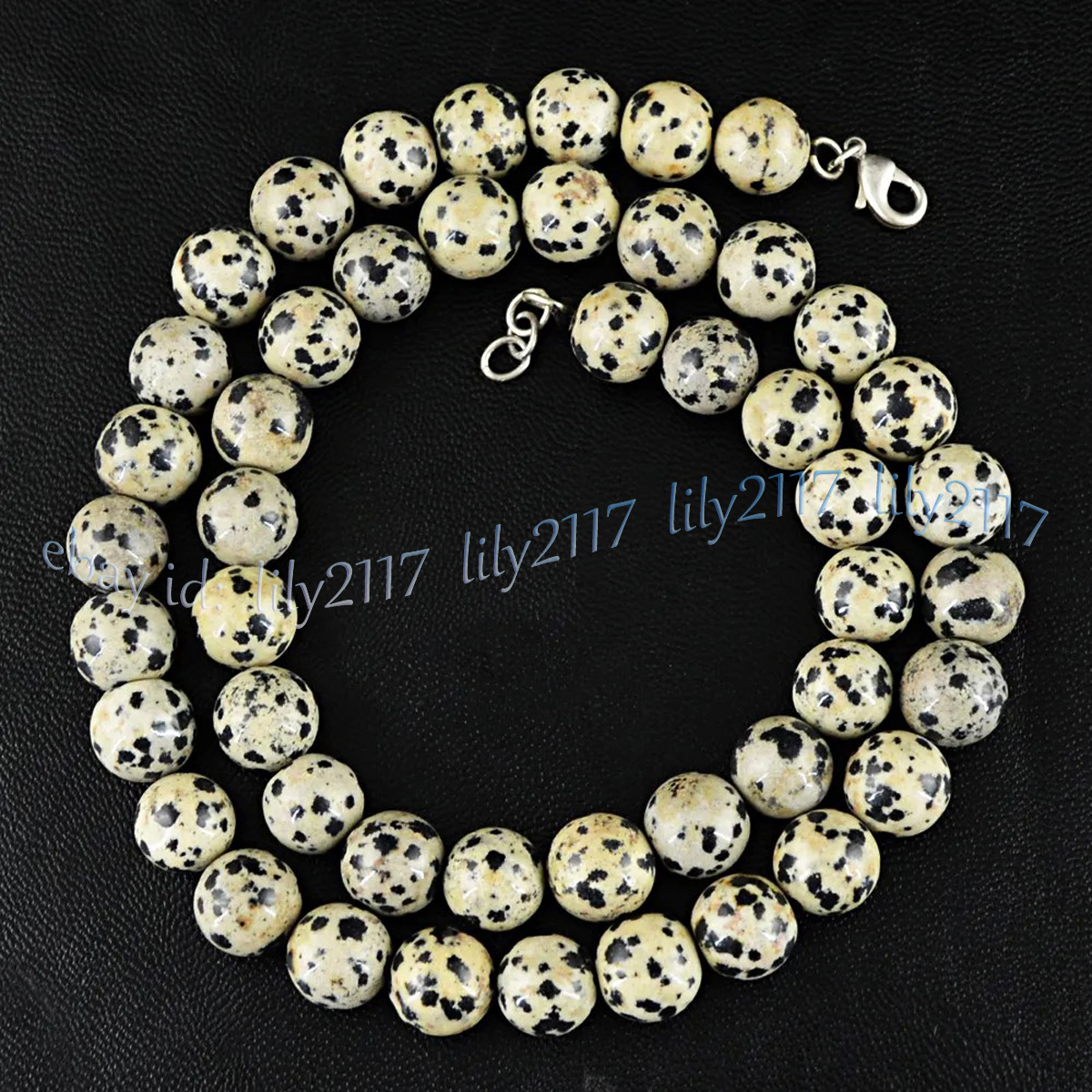 Natural Untreated Dalmatian Jasper Black Spot Gemstone Round Beads Necklace - Picture 10 of 10