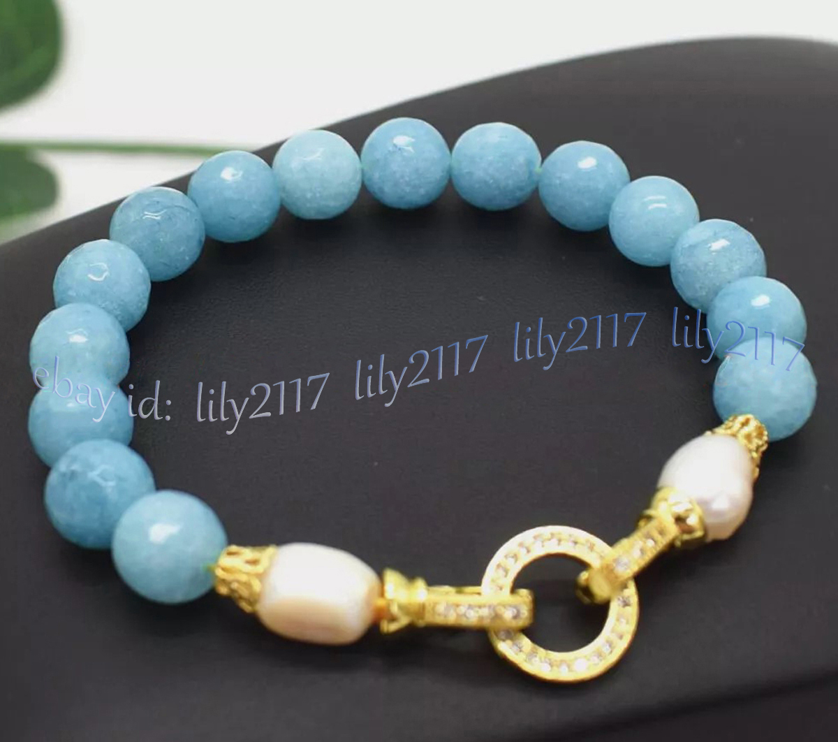 Natural Blue Aquamarine Round Gemstone Beads White Freshwater Pearl Bracelet - Picture 8 of 10