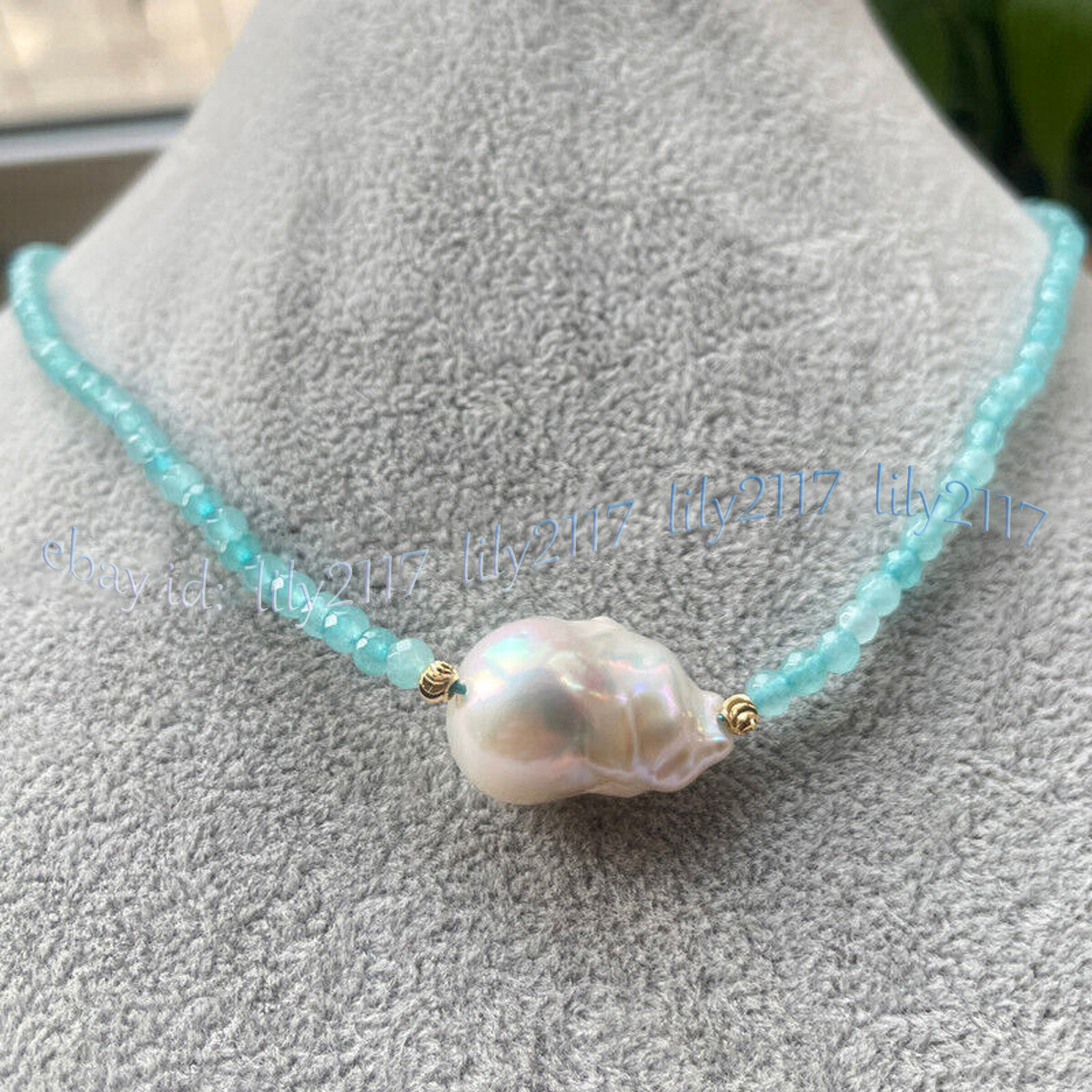 Faceted Blue Aquamarine Round Gems White Baroque Keshi Pearl Pendant Necklace