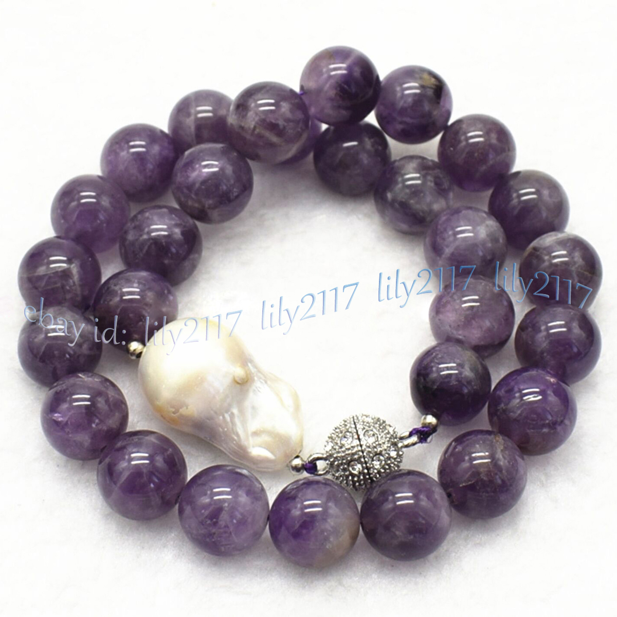 Real Natural Amethyst Round Gemstone White Keshi Baroque Pearl Necklace 6-14mm - Picture 9 of 12