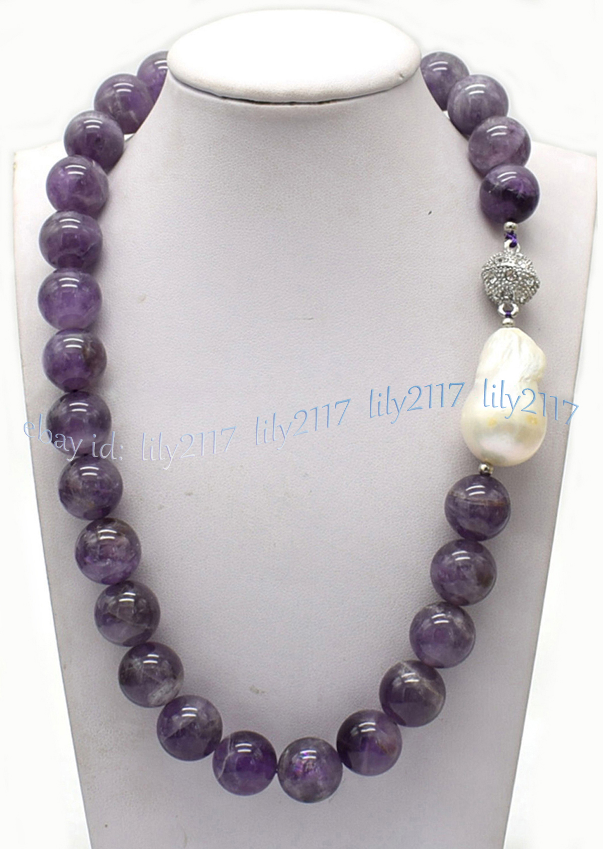 Real Natural Amethyst Round Gemstone White Keshi Baroque Pearl Necklace 6-14mm - Picture 10 of 12