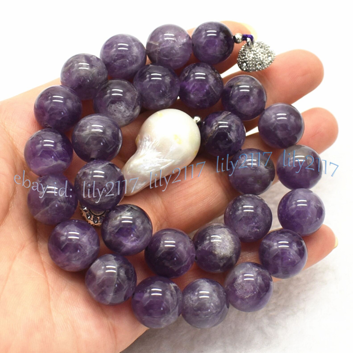 Real Natural Amethyst Round Gemstone White Keshi Baroque Pearl Necklace 6-14mm - Picture 12 of 12