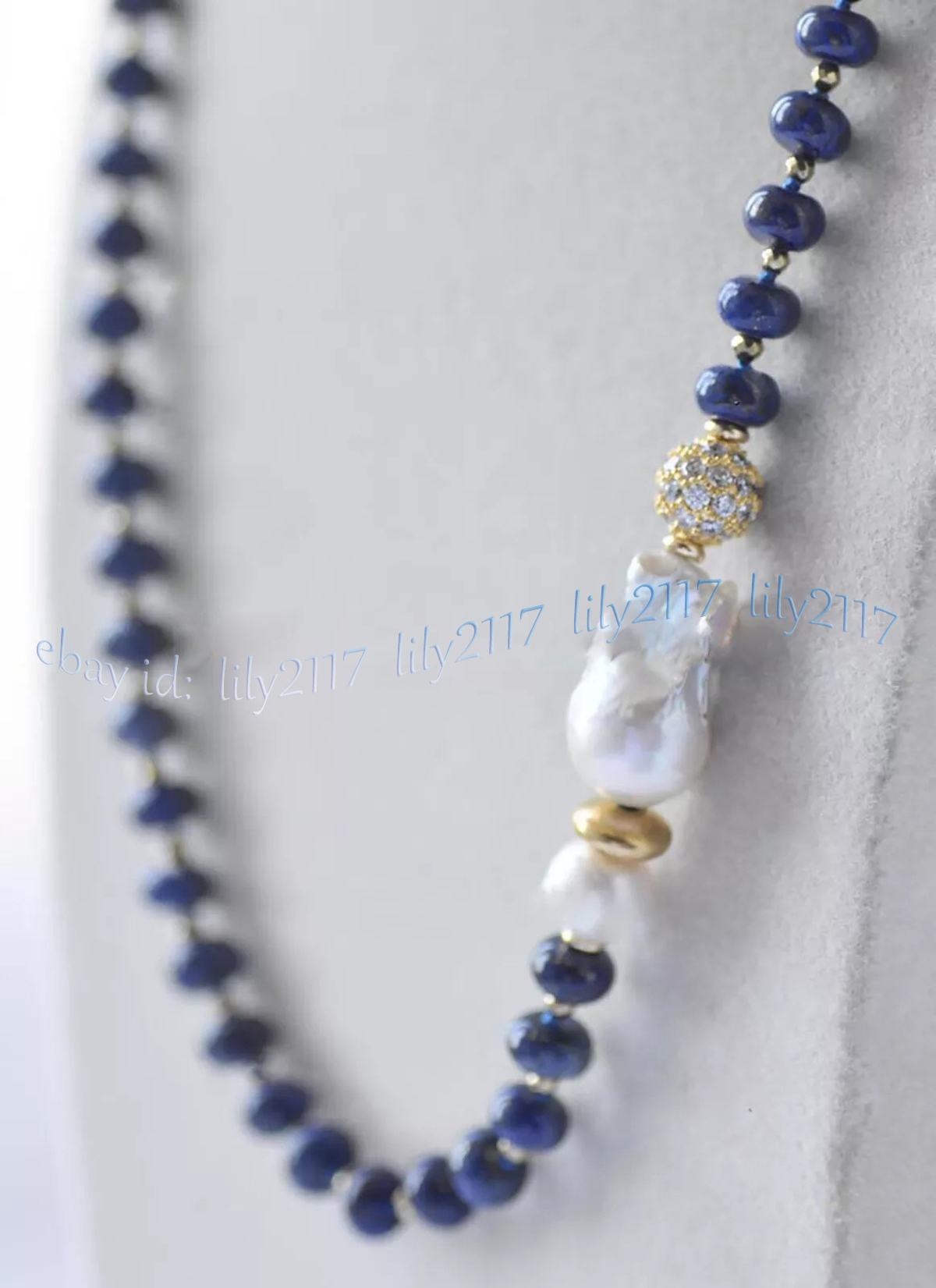 5x8mm Natural Lapis Lazuli Rondelle Gemstone Beads White Keshi Pearl Necklace