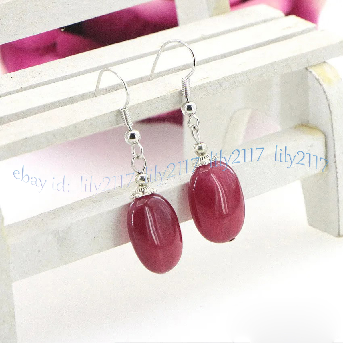 Fashion 13x18mm Natural Gemstone Jade Flat Oval Beads Dangle Silver Hook Earring