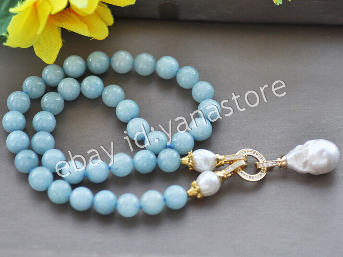 Natürlich Aquamarin Edelstein Perlen Weiß Keshi Barock Perle Anhänger Halsketten - Bild 11 von 12
