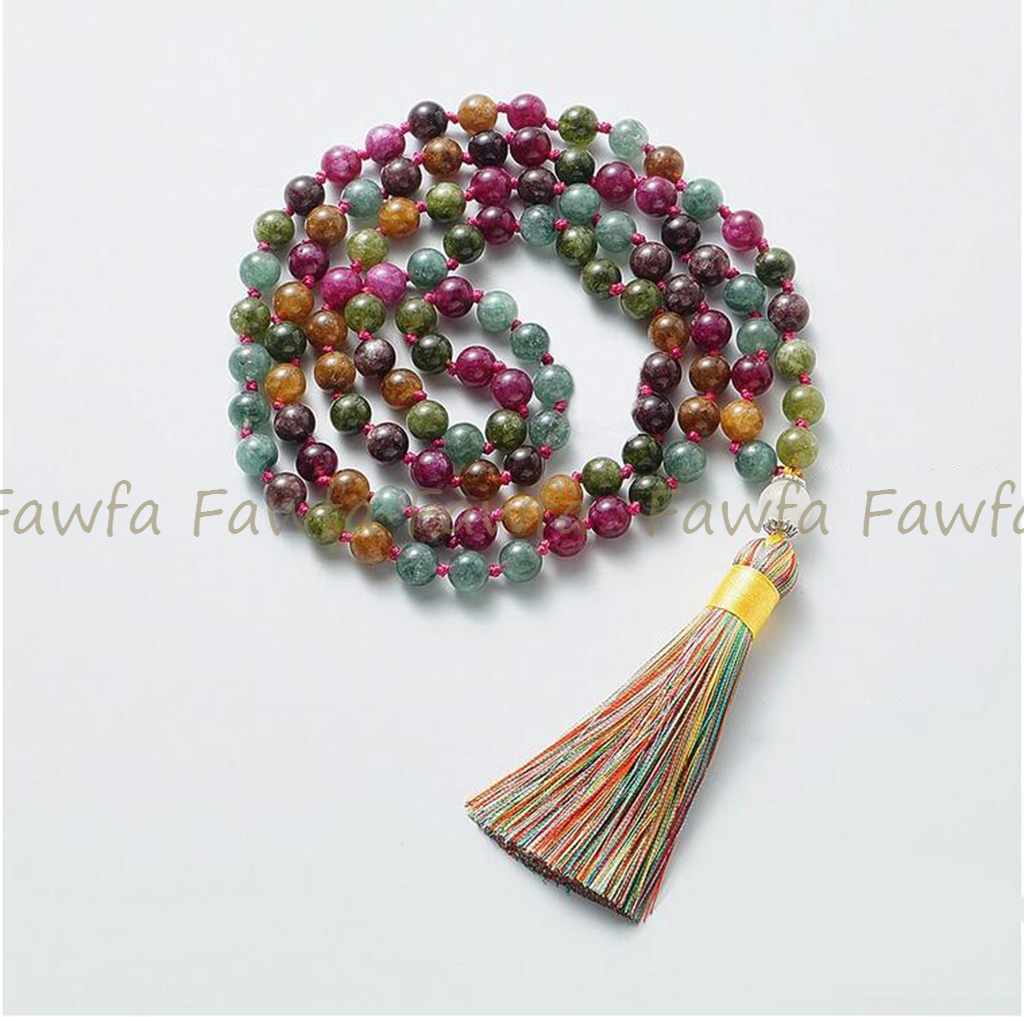 Natural Multicolor Tourmaline Gems 108 Prayer Beads Tibet Buddhist Mala Necklace