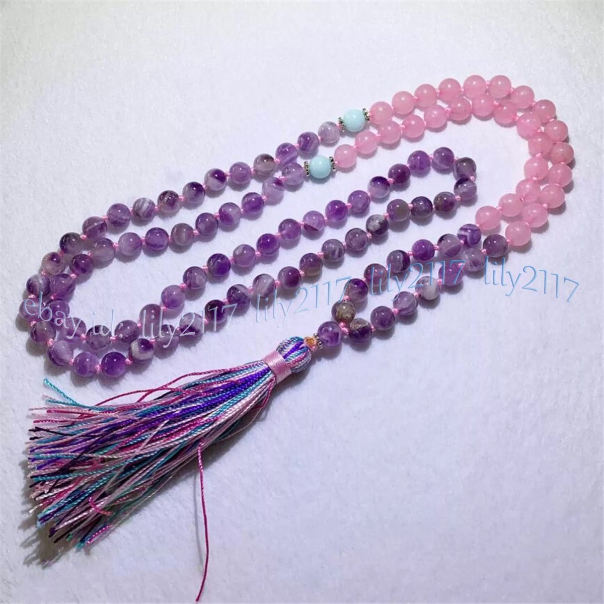 Natural Amethyst Rose Quartz Gems 108 Prayer Beads Mala Necklace Blessing Amulet - Picture 11 of 14