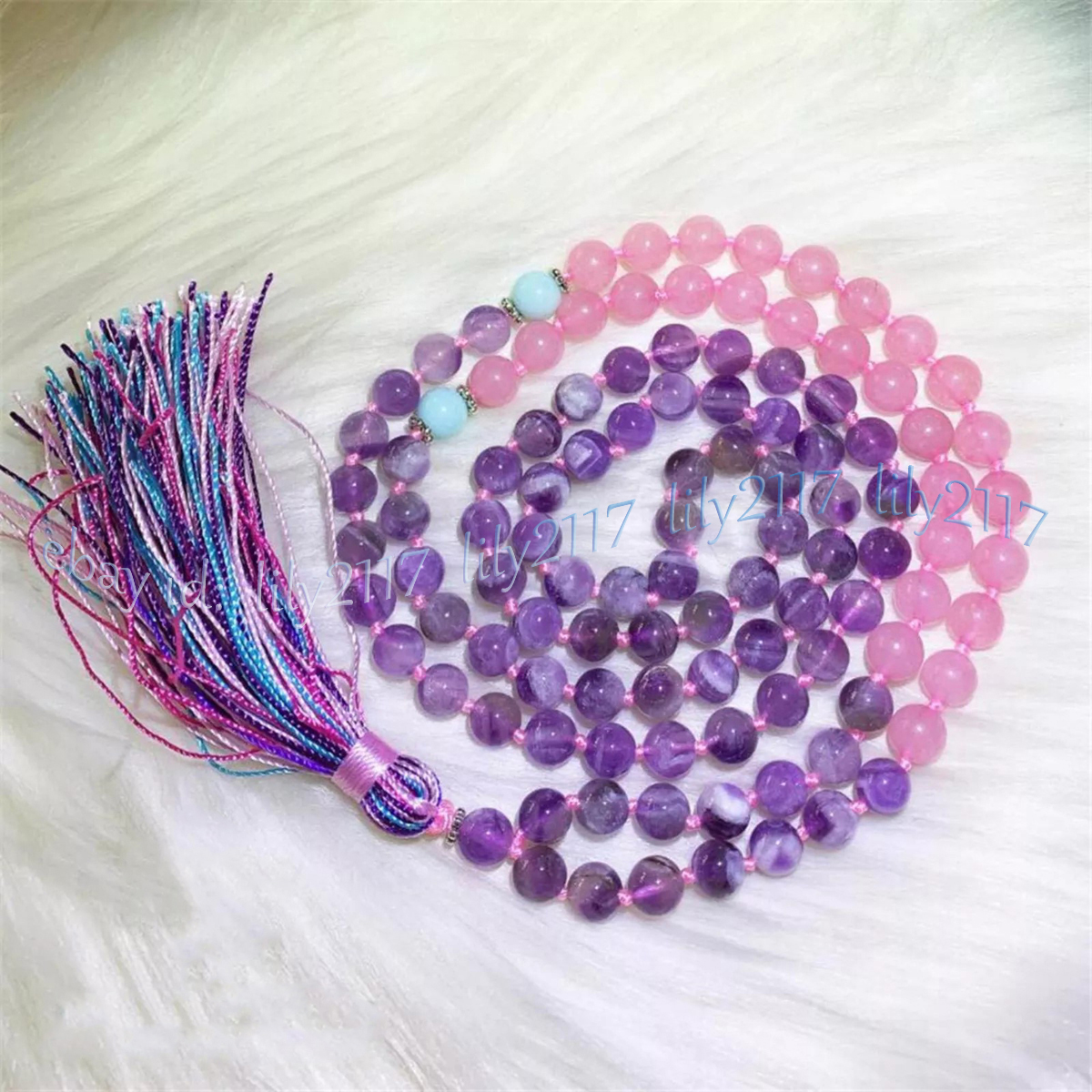 Natural Amethyst Rose Quartz Gems 108 Prayer Beads Mala Necklace Blessing Amulet - Picture 14 of 14