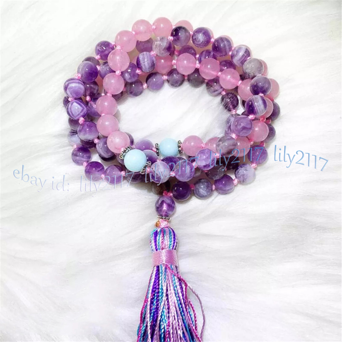 Natural Amethyst Rose Quartz Gems 108 Prayer Beads Mala Necklace Blessing Amulet - Picture 12 of 14