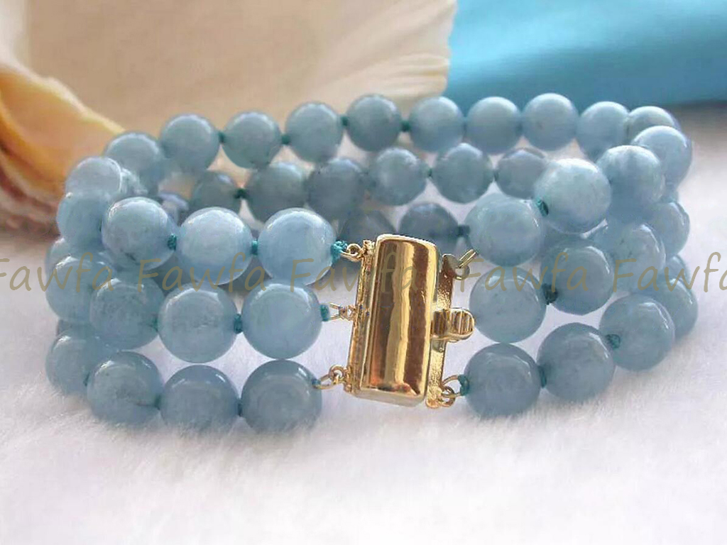 3 Rows Natural 6/8/10mm Round Blue Aquamarine Gemstone Beads Bracelet 7.5”