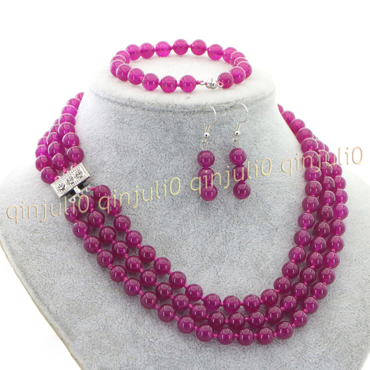 3 Rows Natural Multicolor Jade Round Gems Beads Necklace Bracelet Earrings Set