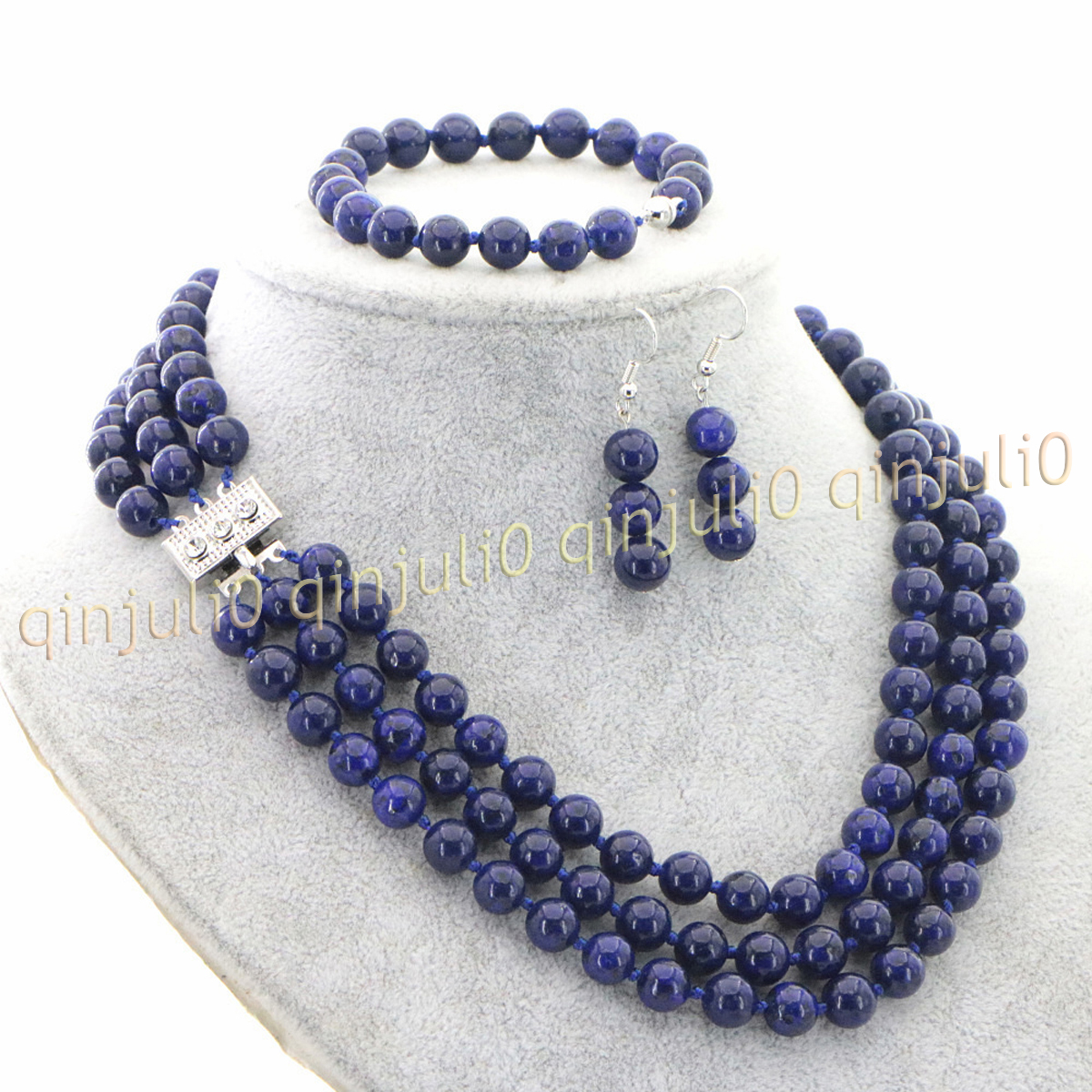 3 Rows Natural Multicolor Jade Round Gems Beads Necklace Bracelet Earrings Set