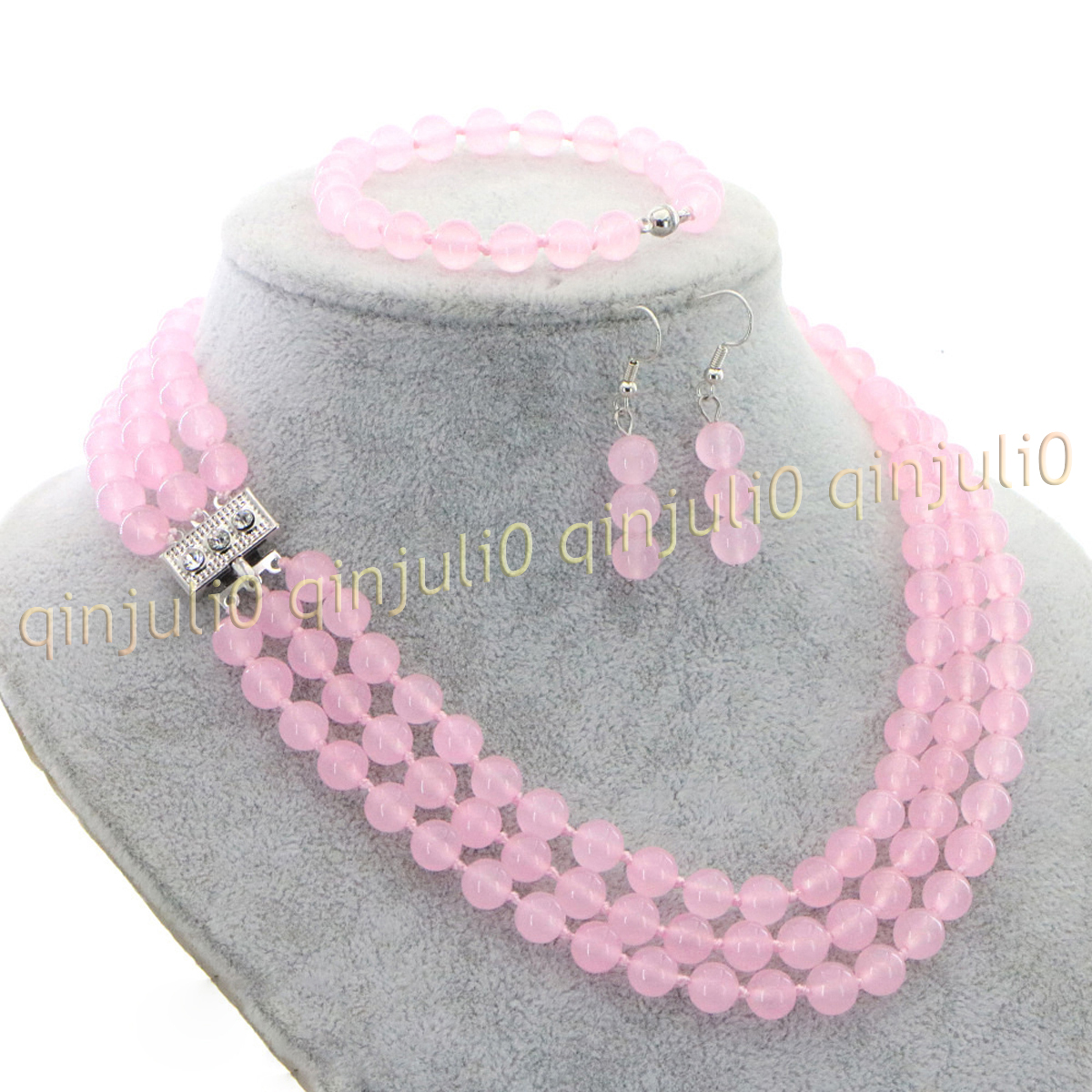 3 Rows Natural Multicolor Jade Round Gems Beads Necklace Bracelet Earrings Set