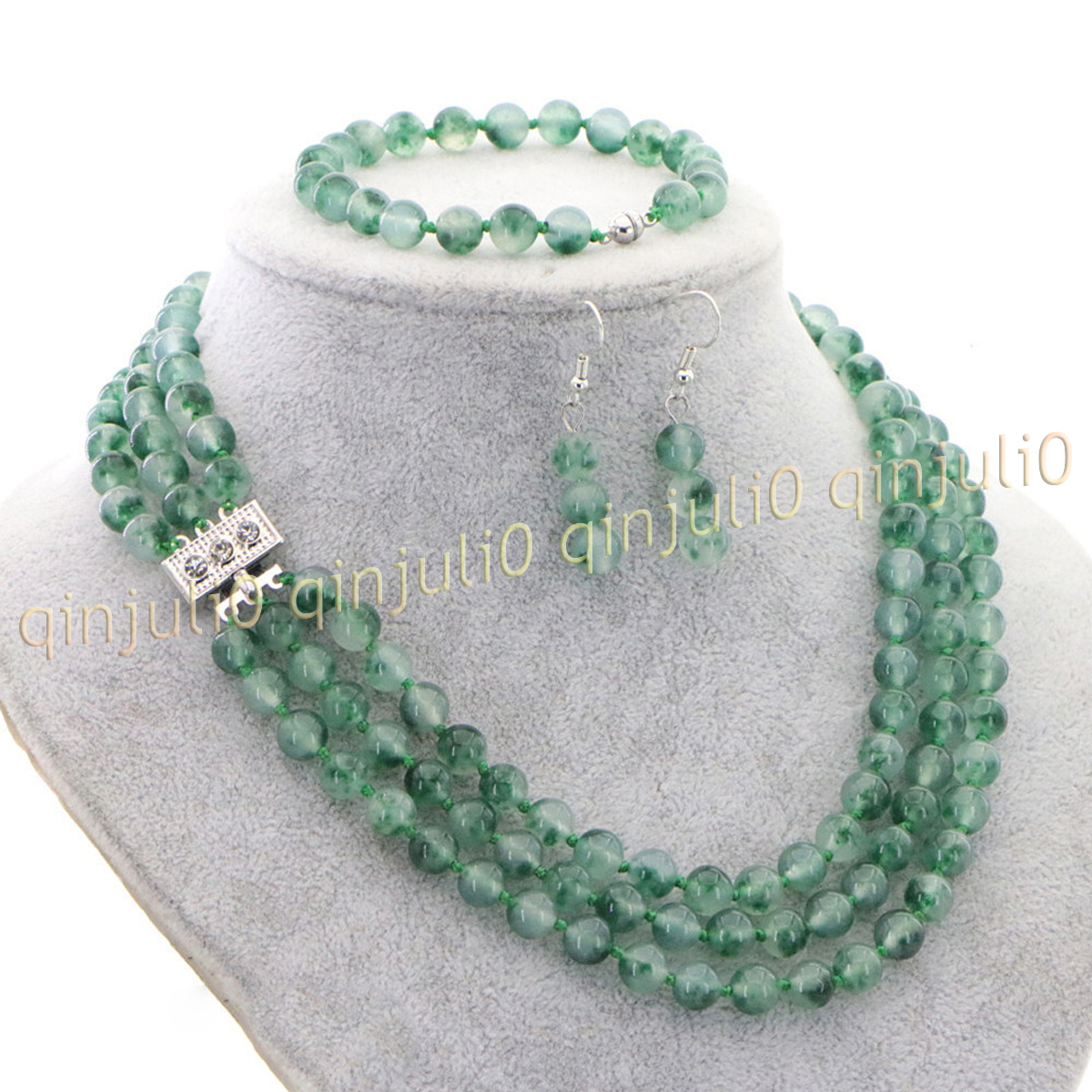 3 Rows Natural Multicolor Jade Round Gems Beads Necklace Bracelet Earrings Set