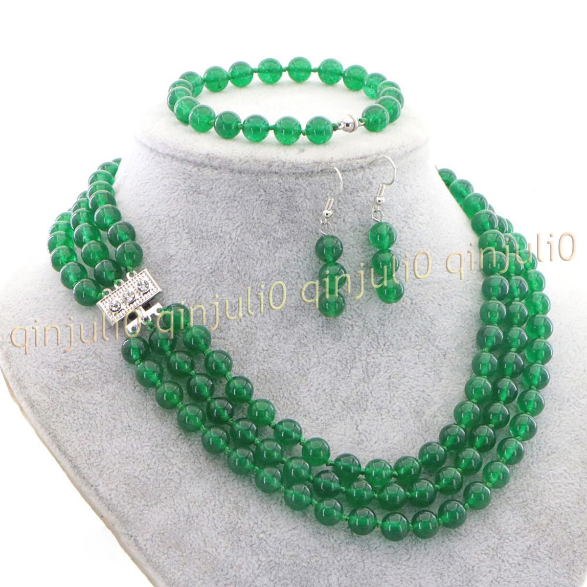 3 Rows Natural Multicolor Jade Round Gems Beads Necklace Bracelet Earrings Set