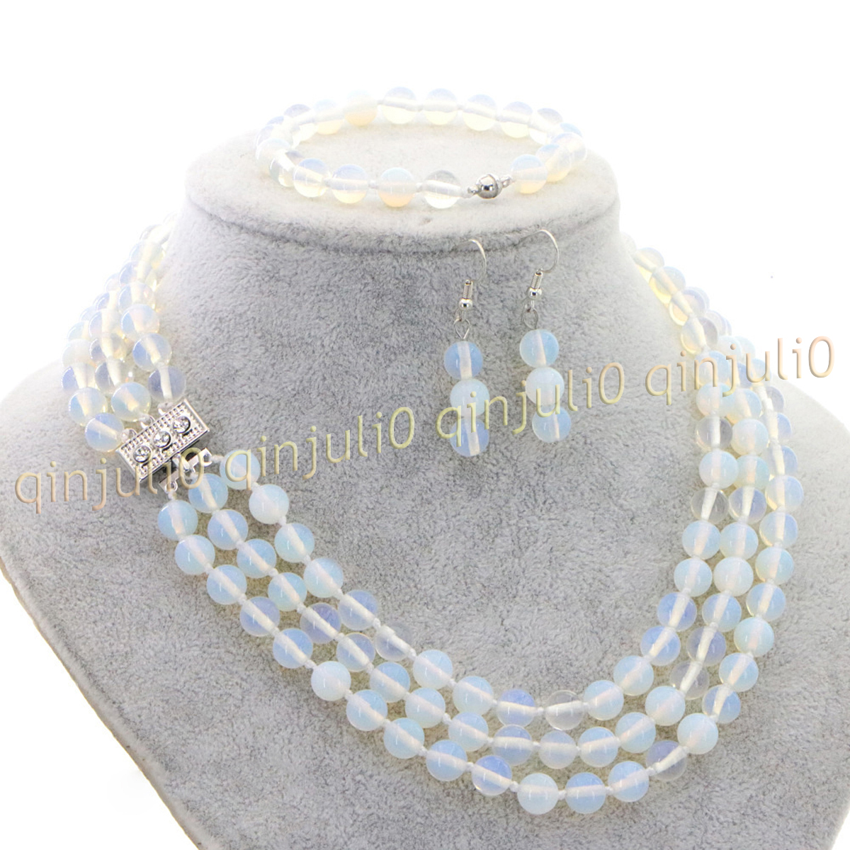 3 Rows Natural Multicolor Jade Round Gems Beads Necklace Bracelet Earrings Set