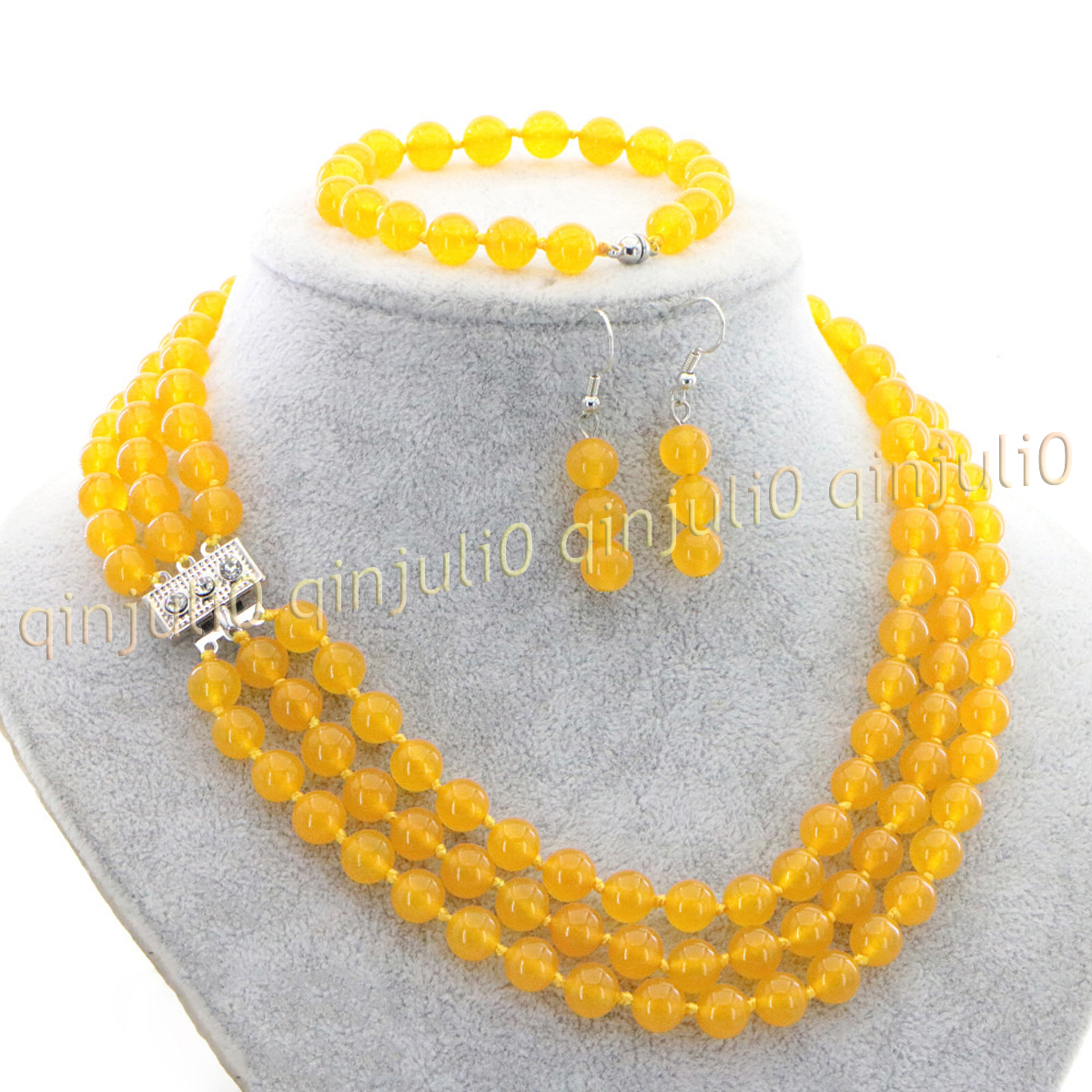 3 Rows Natural Multicolor Jade Round Gems Beads Necklace Bracelet Earrings Set