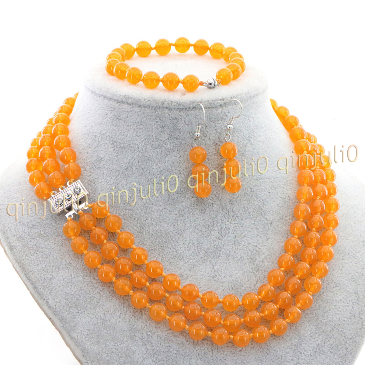 3 Rows Natural Multicolor Jade Round Gems Beads Necklace Bracelet Earrings Set